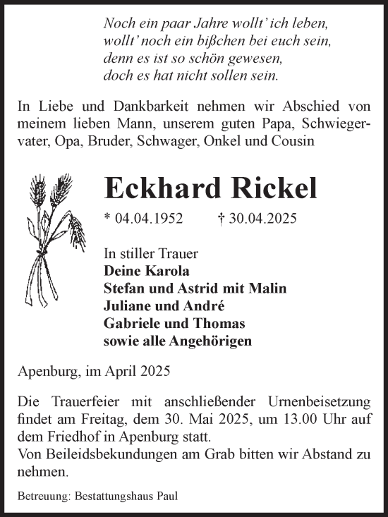 Traueranzeige von Eckhard Rickel von Volksstimme Altmark West