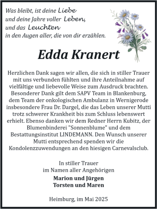 Traueranzeige von Edda Kranert von Volksstimme Wernigerode