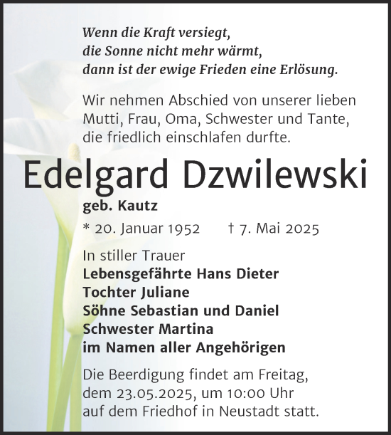 Traueranzeige von Edelgard Dzwilewski von Mitteldeutsche Zeitung Halle/Saalkreis