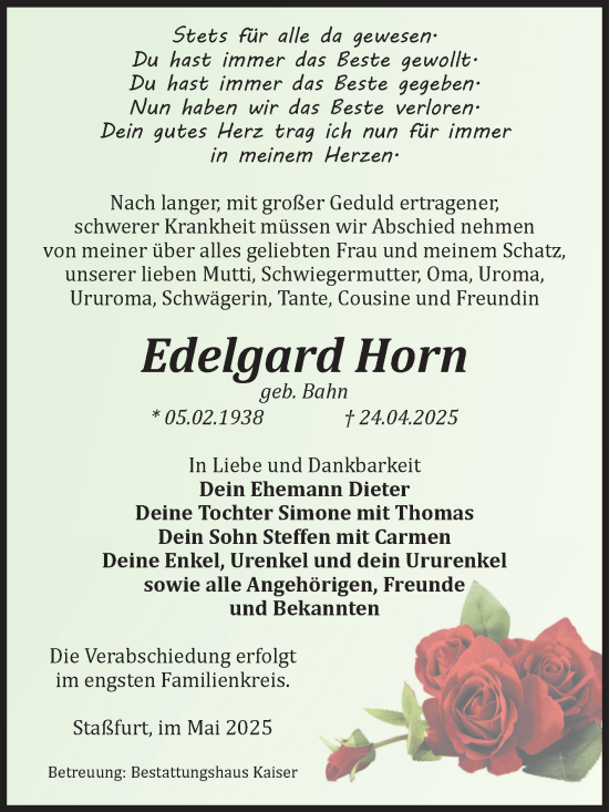 Traueranzeige von Edelgard Horn von Volksstimme Staßfurt