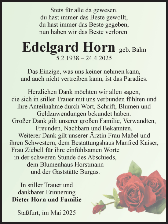 Traueranzeige von Edelgard Horn von Volksstimme Staßfurt