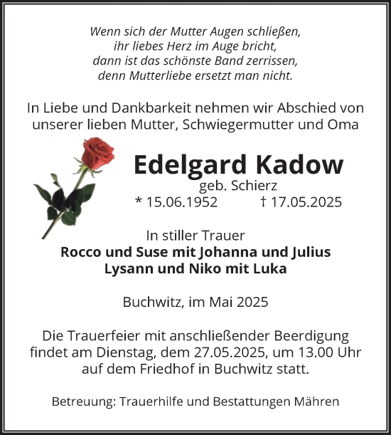 Traueranzeige von Edelgard Kadow von Volksstimme Altmark West
