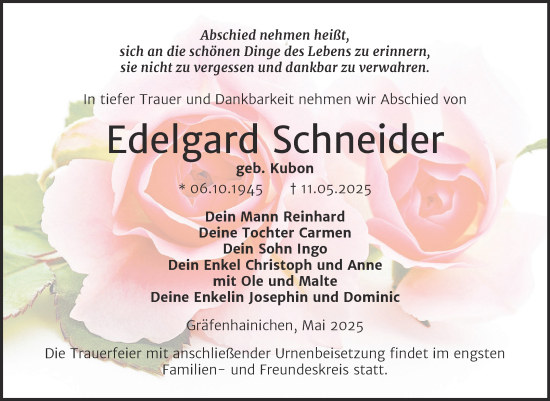 Traueranzeige von Edelgard Schneider von Trauerkombi Wittenberg
