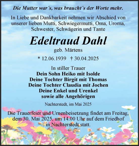 Traueranzeige von Edeltraud Dahl von Super Sonntag Aschersleben