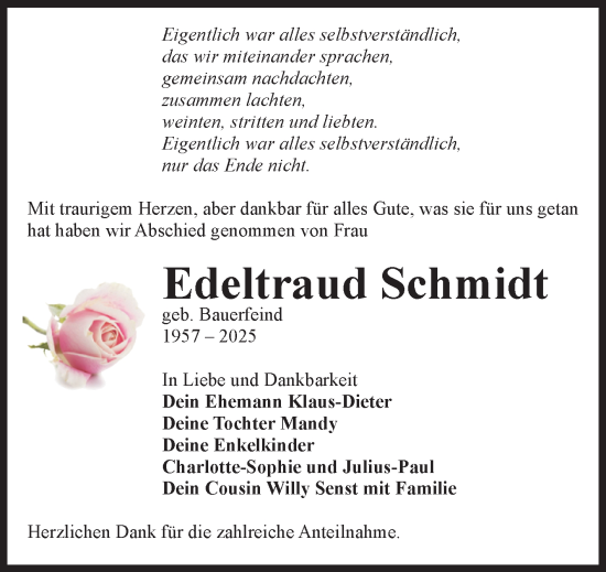 Traueranzeige von Edeltraud Schmidt von Volksstimme Zerbst