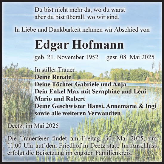 Traueranzeige von Edgar Hofmann von Volksstimme Zerbst