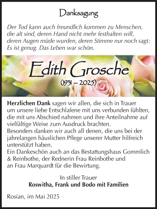 Traueranzeige von Edit Grosche von Volksstimme Zerbst