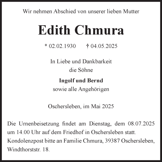 Traueranzeige von Edith Chmura von Volksstimme Oschersleben/Wanzleben