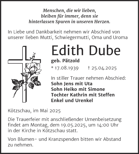 Traueranzeige von Edith Dube von Trauerkombi Merseburg