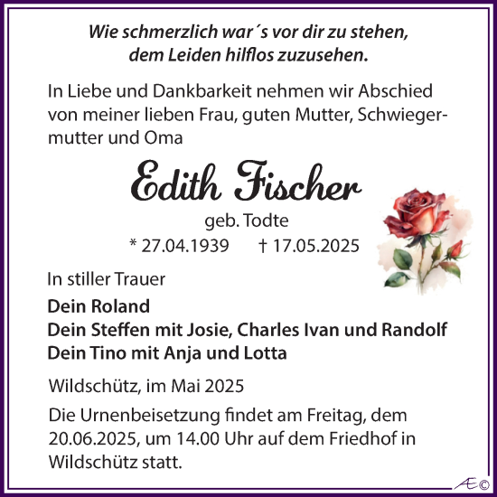 Traueranzeige von Edith Fischer von Trauerkombi Weißenfels