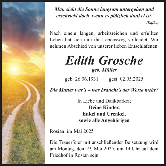 Traueranzeige von Edith Grosche von Volksstimme Zerbst