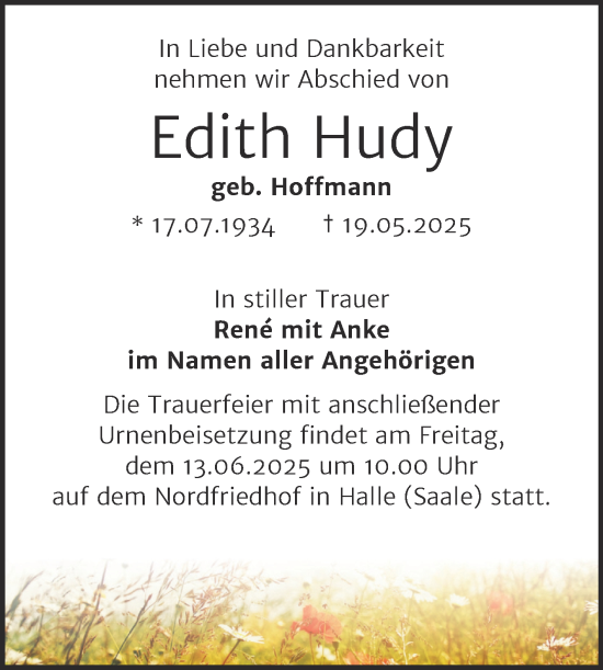 Traueranzeige von Edith Hudy von Mitteldeutsche Zeitung Halle/Saalkreis