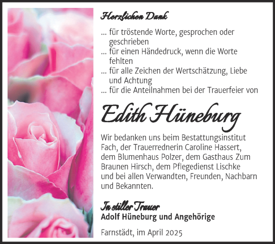 Traueranzeige von Edith Hüneburg von Trauerkombi Merseburg