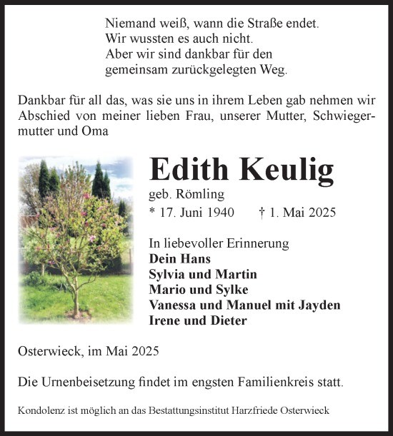 Traueranzeige von Edith Keulig von Volksstimme Halberstadt