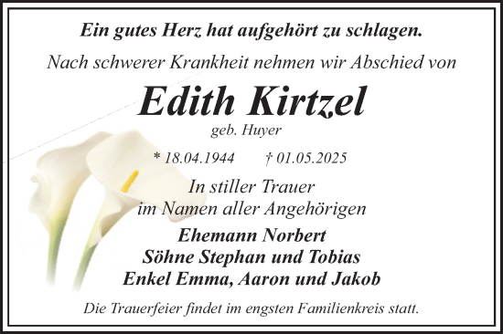 Traueranzeige von Edith Kirtzel von Trauerkombi Dessau