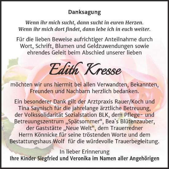 Traueranzeige von Edith Kresse von Super Sonntag Naumburg/Nebra