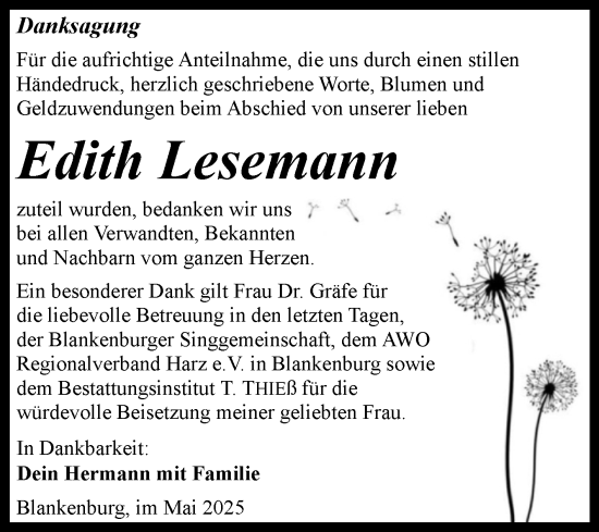Traueranzeige von Edith Lesemann von Volksstimme Wernigerode