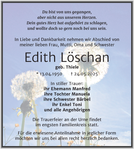 Traueranzeige von Edith Löschan von Trauerkombi Mansfelder Land