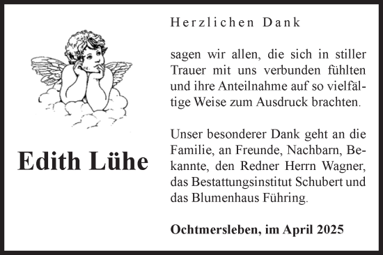 Traueranzeige von Edith Lühe von Volksstimme Haldensleben/Wolmirstedt