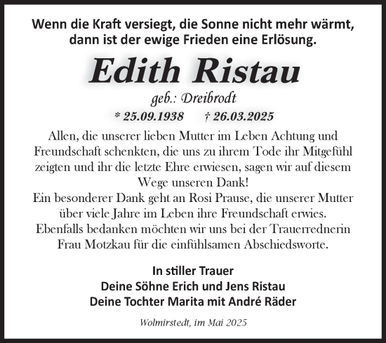 Traueranzeige von Edith Ristau von Volksstimme Haldensleben/Wolmirstedt