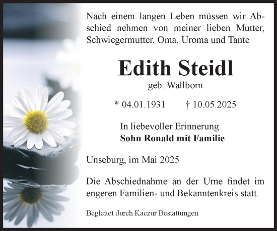 Traueranzeige von Edith Steidl von Volksstimme Staßfurt
