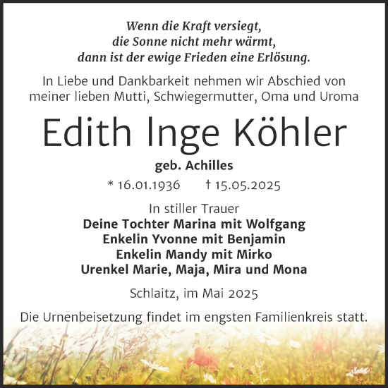 Traueranzeige von Edith Inge Köhler von Trauerkombi Bitterfeld