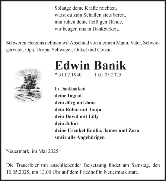 Traueranzeige von Edwin Banik von Volksstimme Altmark Ost