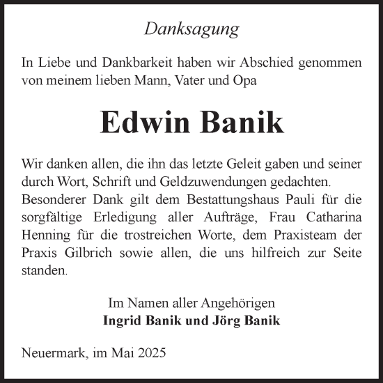 Traueranzeige von Edwin Banik von Volksstimme Altmark Ost