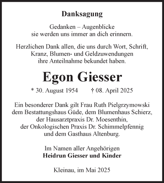 Traueranzeige von Egon Giesser von Volksstimme Altmark West