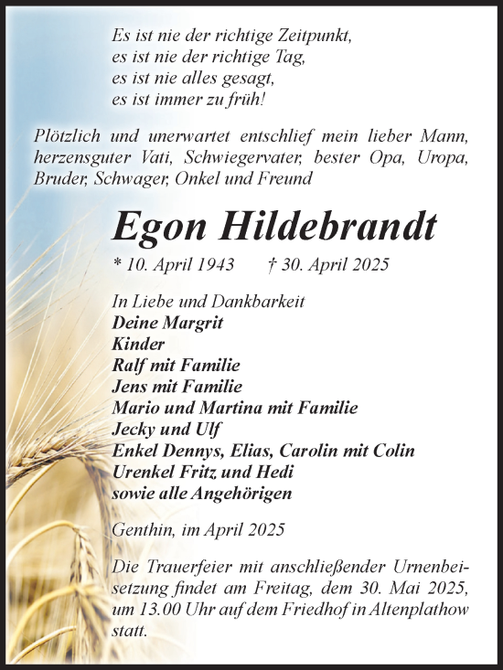 Traueranzeige von Egon Hildebrandt von Volksstimme Burg/Genthin