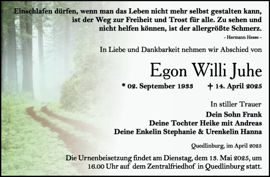 Traueranzeige von Egon Juhe von Trauerkombi Quedlinburg