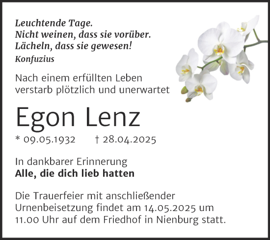 Traueranzeige von Egon Lenz von Trauerkombi Bernburg