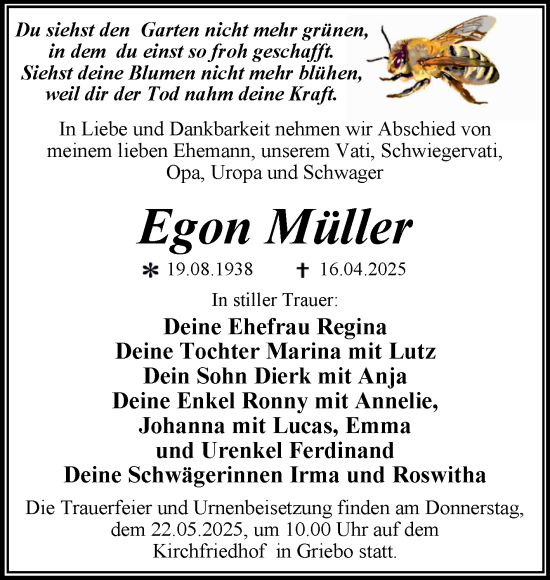 Traueranzeige von Egon Müller von Trauerkombi Wittenberg