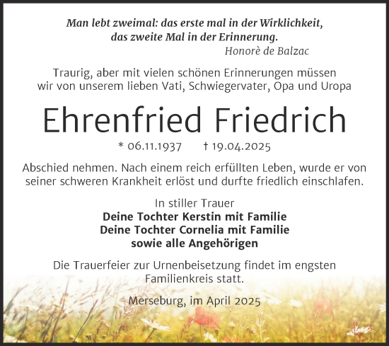 Traueranzeige von Ehrenfried Friedrich von Trauerkombi Merseburg