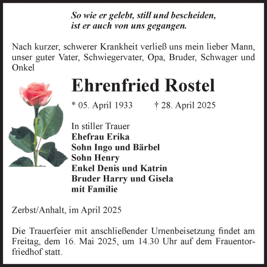 Traueranzeige von Ehrenfried Rostel von Volksstimme Zerbst