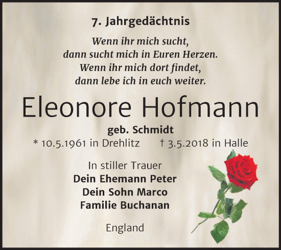 Traueranzeige von Eleonore Hofmann von Mitteldeutsche Zeitung Halle/Saalkreis