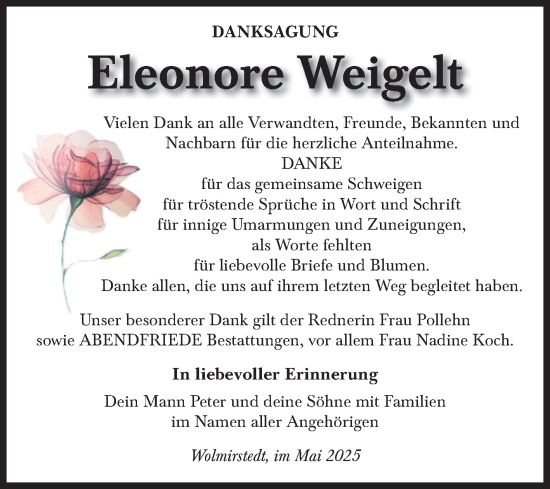 Traueranzeige von Eleonore Weigelt von Volksstimme Haldensleben/Wolmirstedt