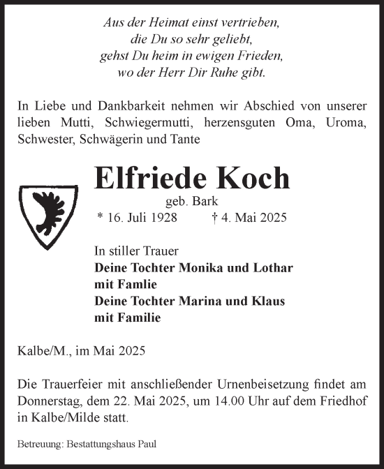 Traueranzeige von Elfriede Koch von Volksstimme Altmark West