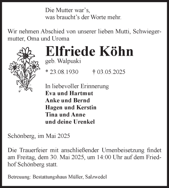 Traueranzeige von Elfriede Köhn von Volksstimme Altmark Ost