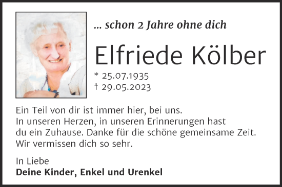 Traueranzeige von Elfriede Kölber von Trauerkombi Aschersleben