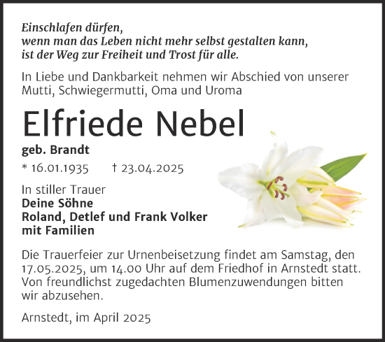 Traueranzeige von Elfriede Nebel von Trauerkombi Mansfelder Land