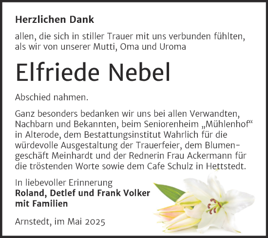 Traueranzeige von Elfriede Nebel von Trauerkombi Mansfelder Land