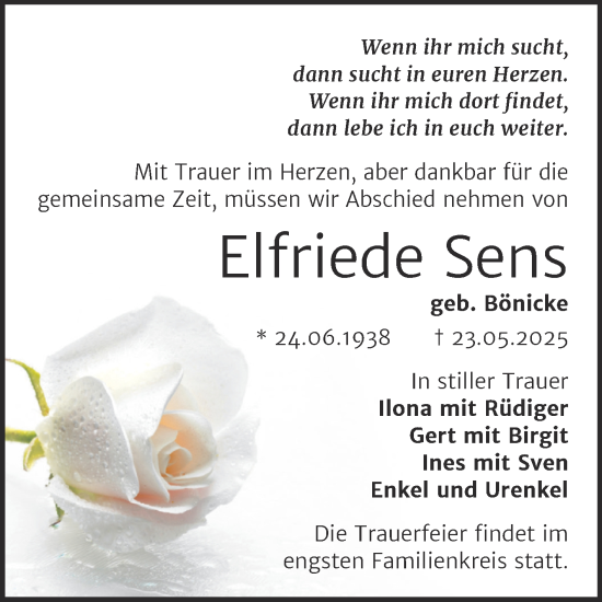 Traueranzeige von Elfriede Sens von Trauerkombi Bernburg