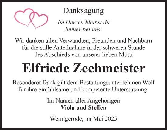 Traueranzeige von Elfriede Zechmeister von Volksstimme Wernigerode