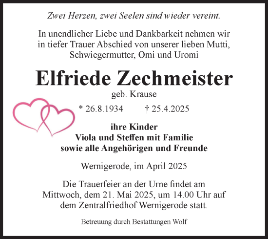 Traueranzeige von Elfriede Zechmeister von Volksstimme Wernigerode