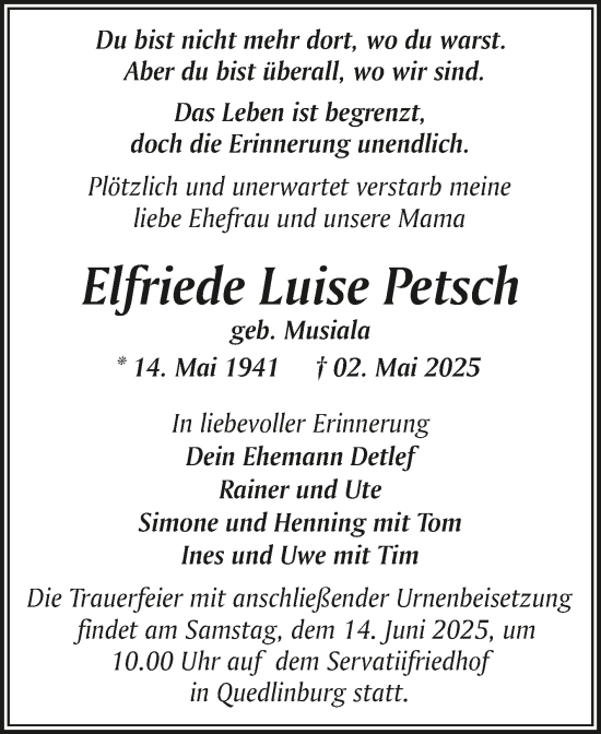 Traueranzeige von Elfriede Luise Petsch von Trauerkombi Quedlinburg