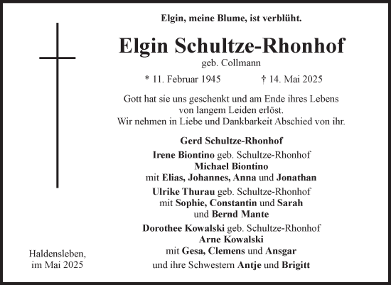 Traueranzeige von Elgin Schultze-Rhonhof von Volksstimme Haldensleben/Wolmirstedt