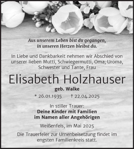 Traueranzeige von Elisabeth Holzhauser von Trauerkombi Weißenfels