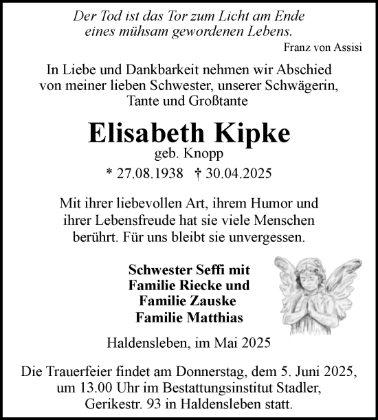 Traueranzeige von Elisabeth Kipke von Volksstimme Haldensleben/Wolmirstedt