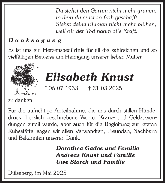 Traueranzeige von Elisabeth Knust von Volksstimme Altmark West